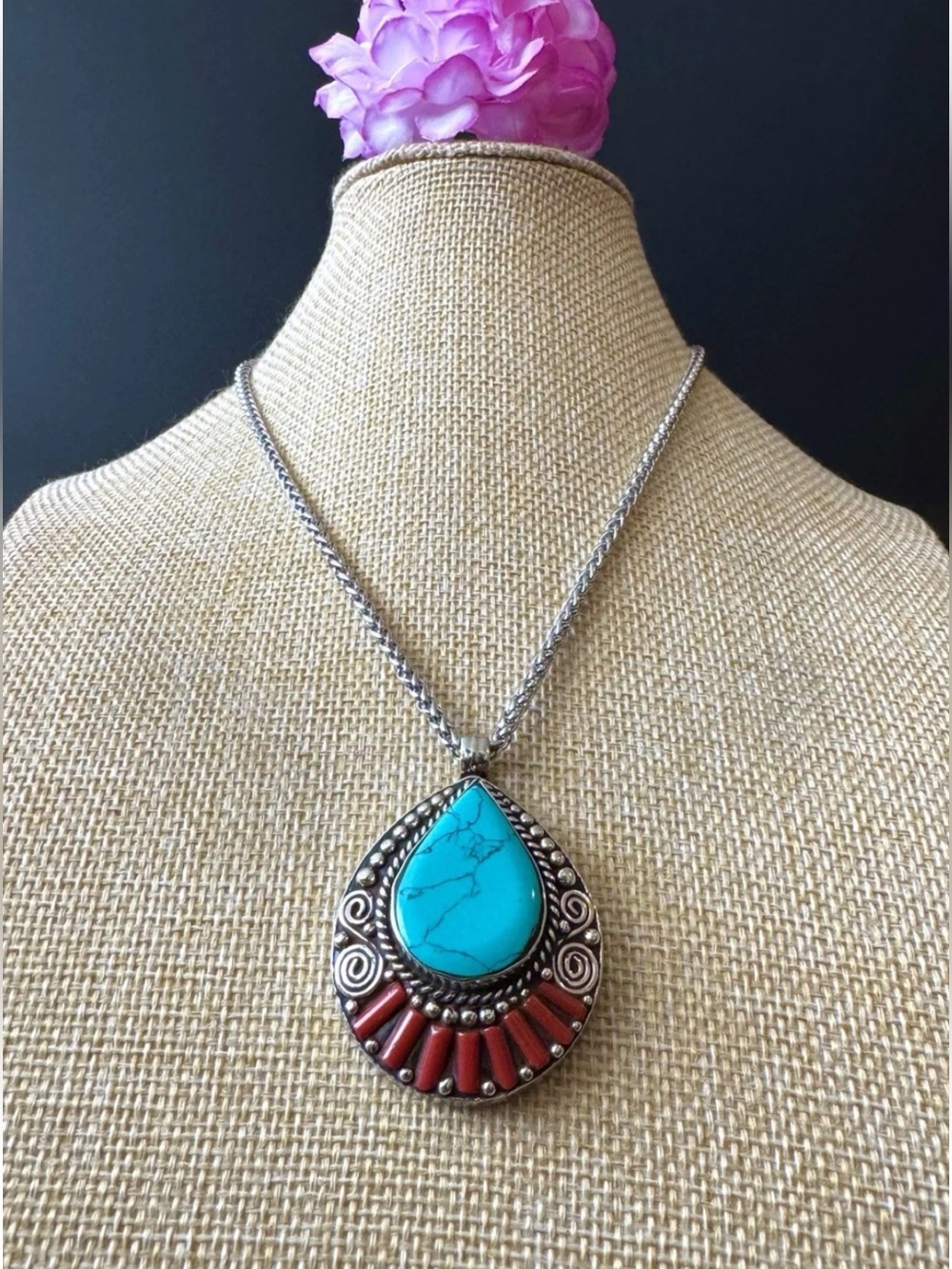 Handcrafted Ethnic Indo-Tibet Artisan Pendant Inlay Stones Set In Silver 28grams